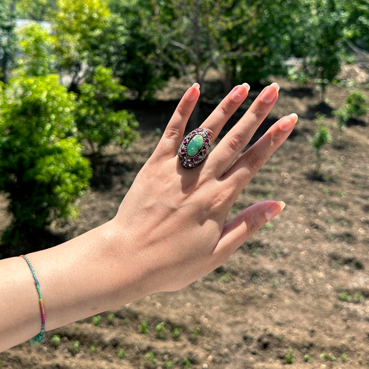 925 Sterling Silver Sultan Ring - Natural Emerald Stone — 4