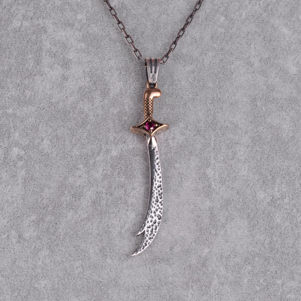 KAMBO Curved Sword Necklace 925 Sterling Silver with Red Stone Detail Warrior Pendant — 3
