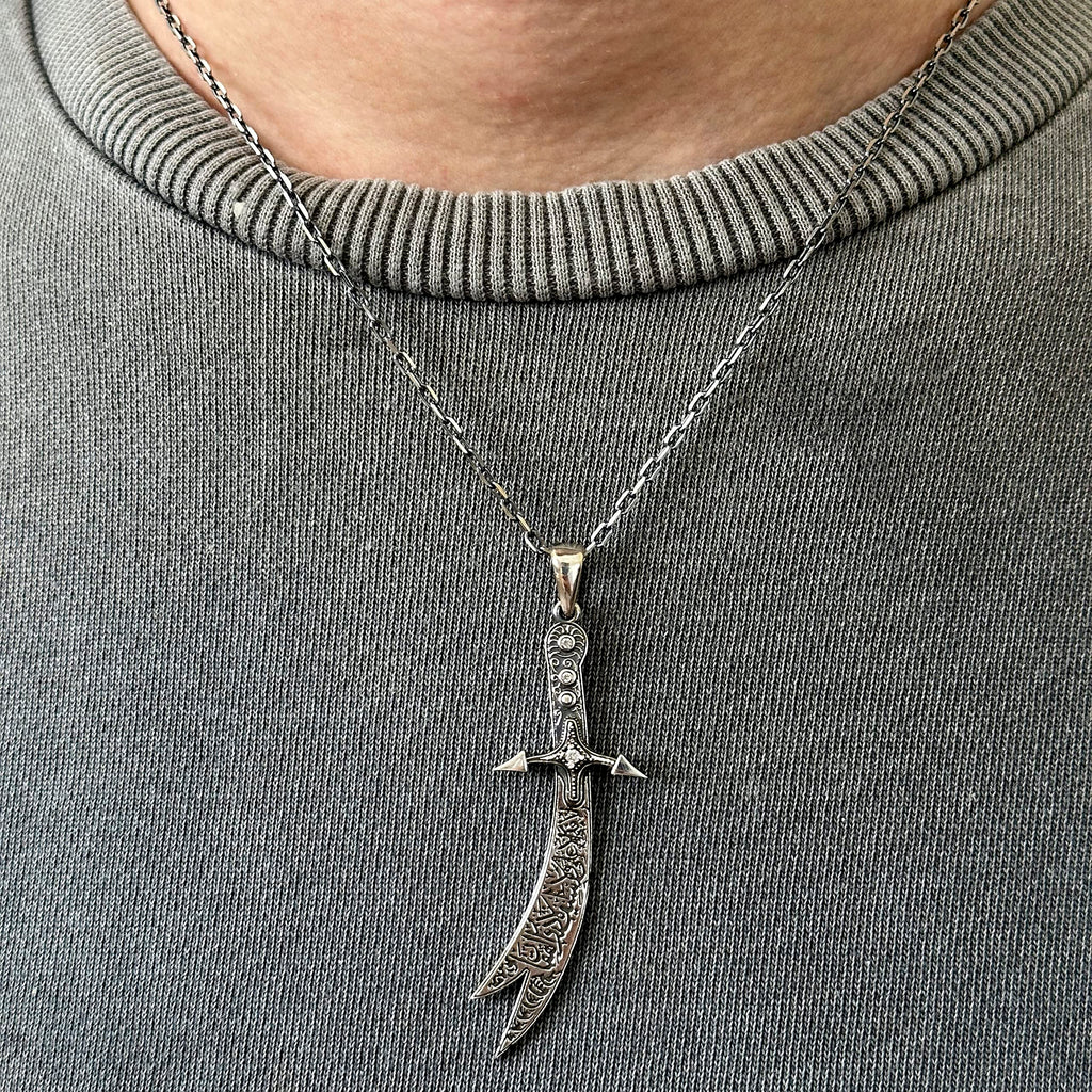 925 Sterling Silver Zulfiqar Sword Necklace - Zircon Stone Islamic Jewelry (White) — 3