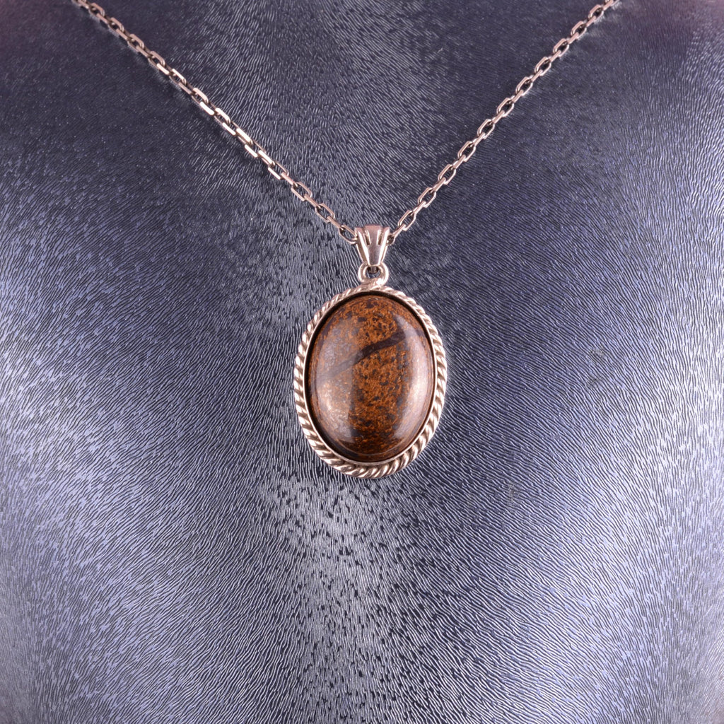 KAMBO Natural Stone Chain Unisex Necklace 925 Sterling Silver – Handmade Oval Description Necklace (Bronzite) — 3