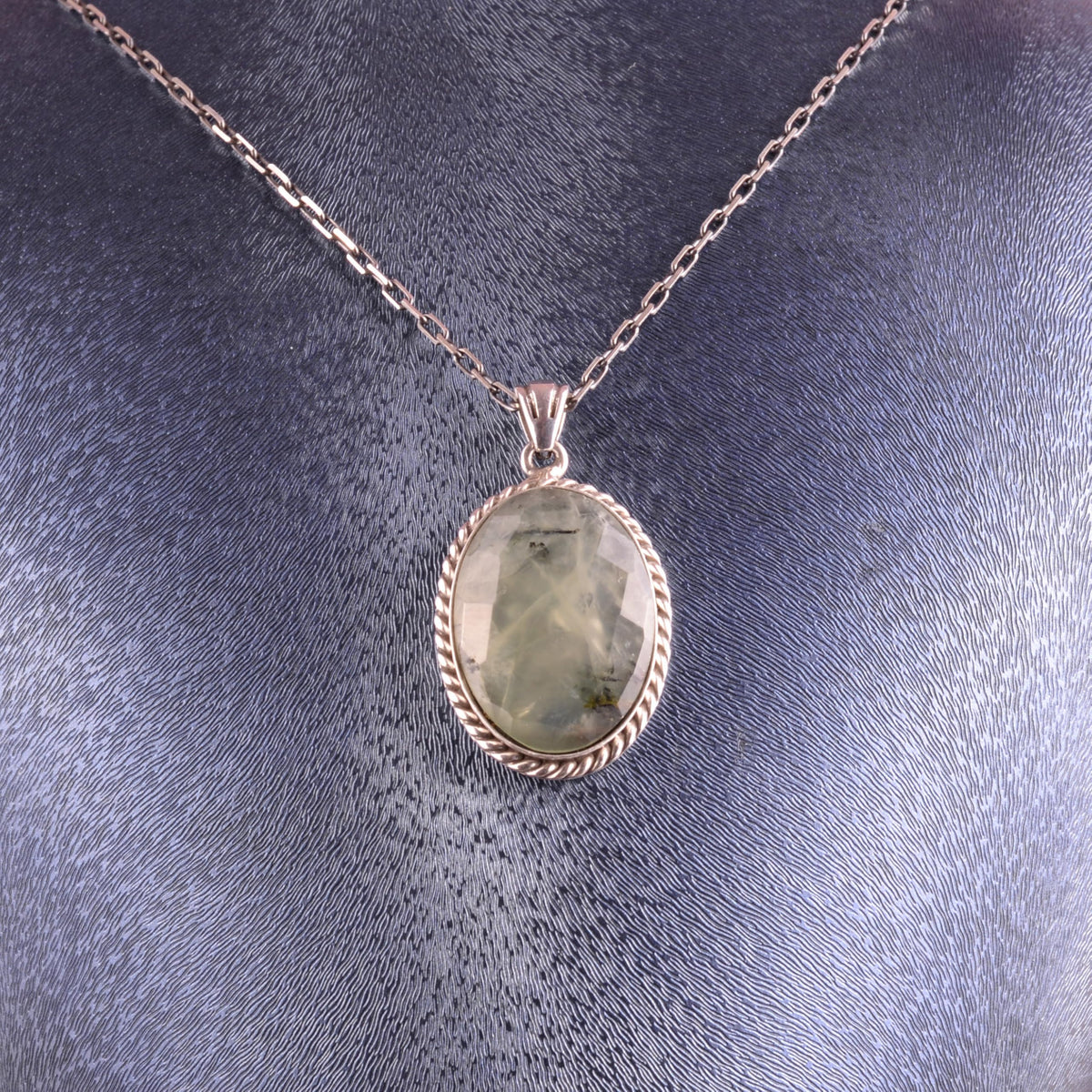 KAMBO Natural Stone Chain Unisex Necklace 925 Sterling Silver – Handmade Oval Description Necklace (Prehnite) — 3