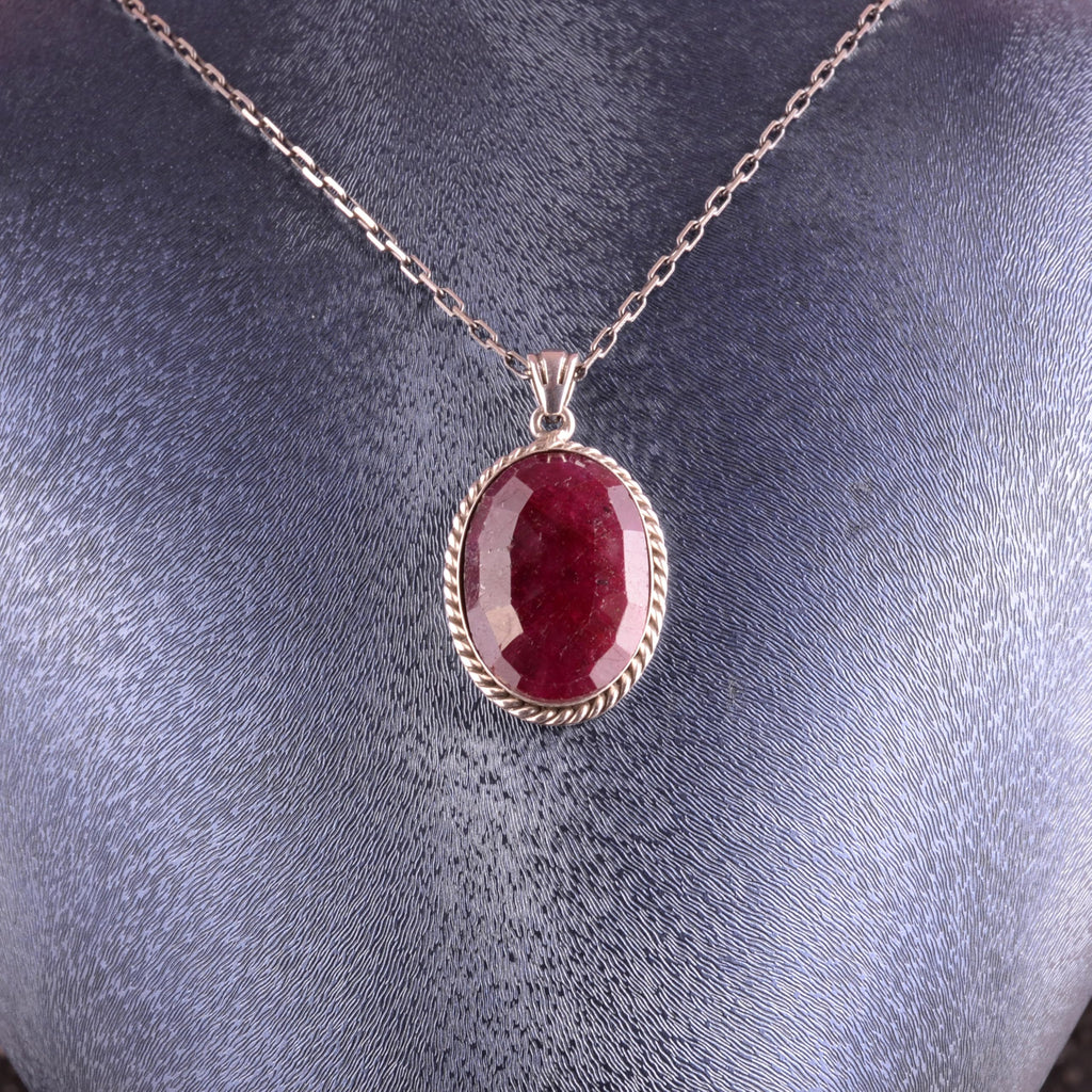 KAMBO Natural Stone Chain Unisex Necklace 925 Sterling Silver – Handmade Oval Description Necklace (Ruby) — 3