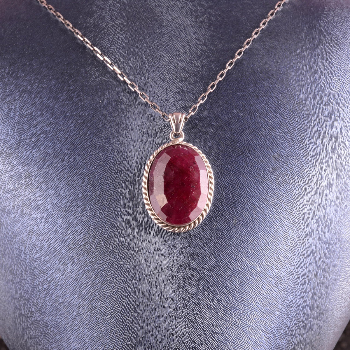 KAMBO Natural Stone Chain Unisex Necklace 925 Sterling Silver – Handmade Oval Description Necklace (Ruby) — 3