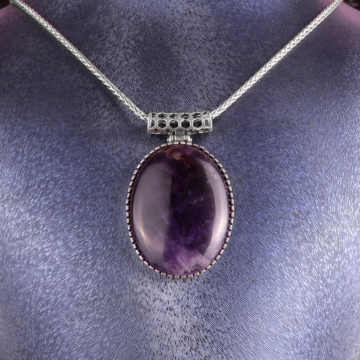 KAMBO Natural Stone Chain Men's Necklace 925 Sterling Silver – Oval Stone Large Necklace (Amethyst) — 3