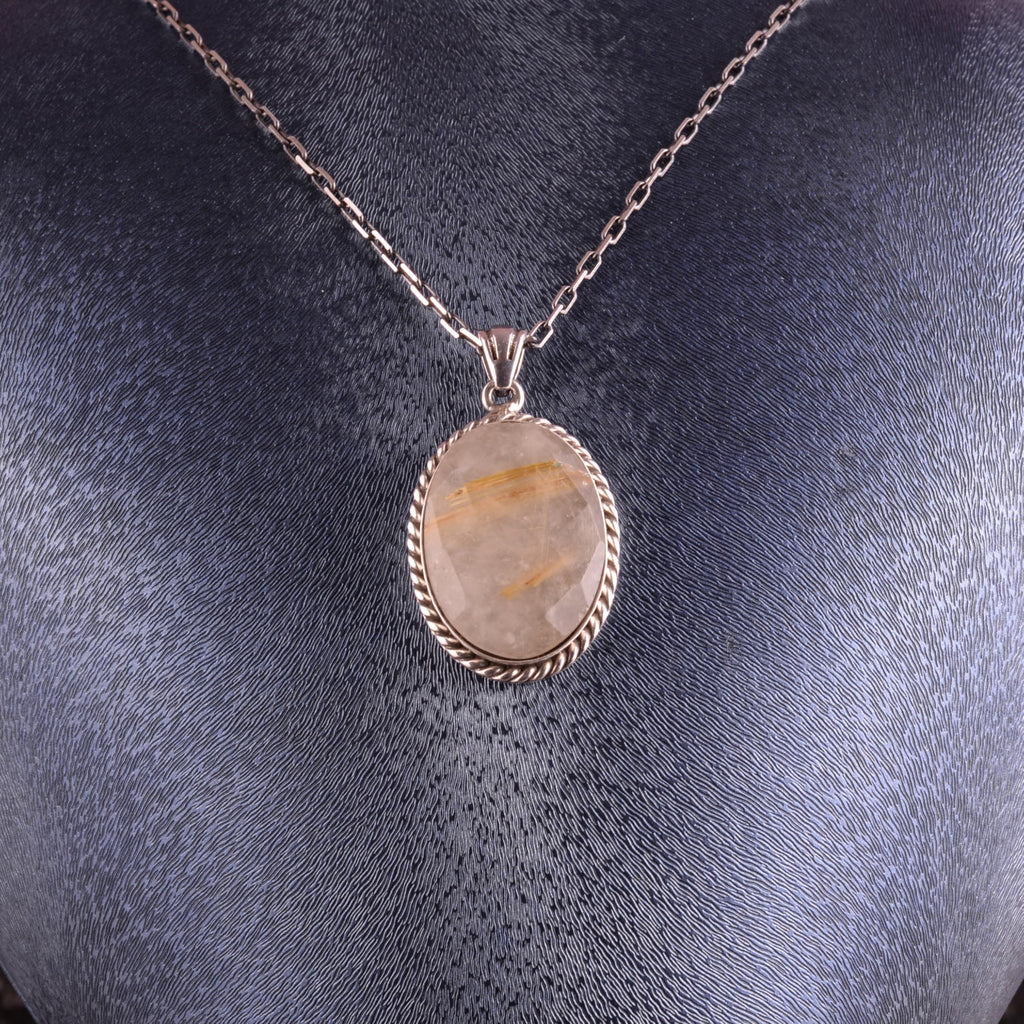 KAMBO Natural Stone Chain Unisex Necklace 925 Sterling Silver – Handmade Oval Description Necklace (Golden Rutilated Quartz) — 3