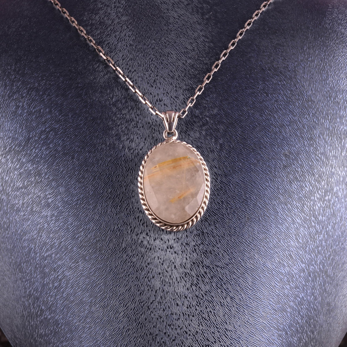 KAMBO Natural Stone Chain Unisex Necklace 925 Sterling Silver – Handmade Oval Description Necklace (Golden Rutilated Quartz) — 3