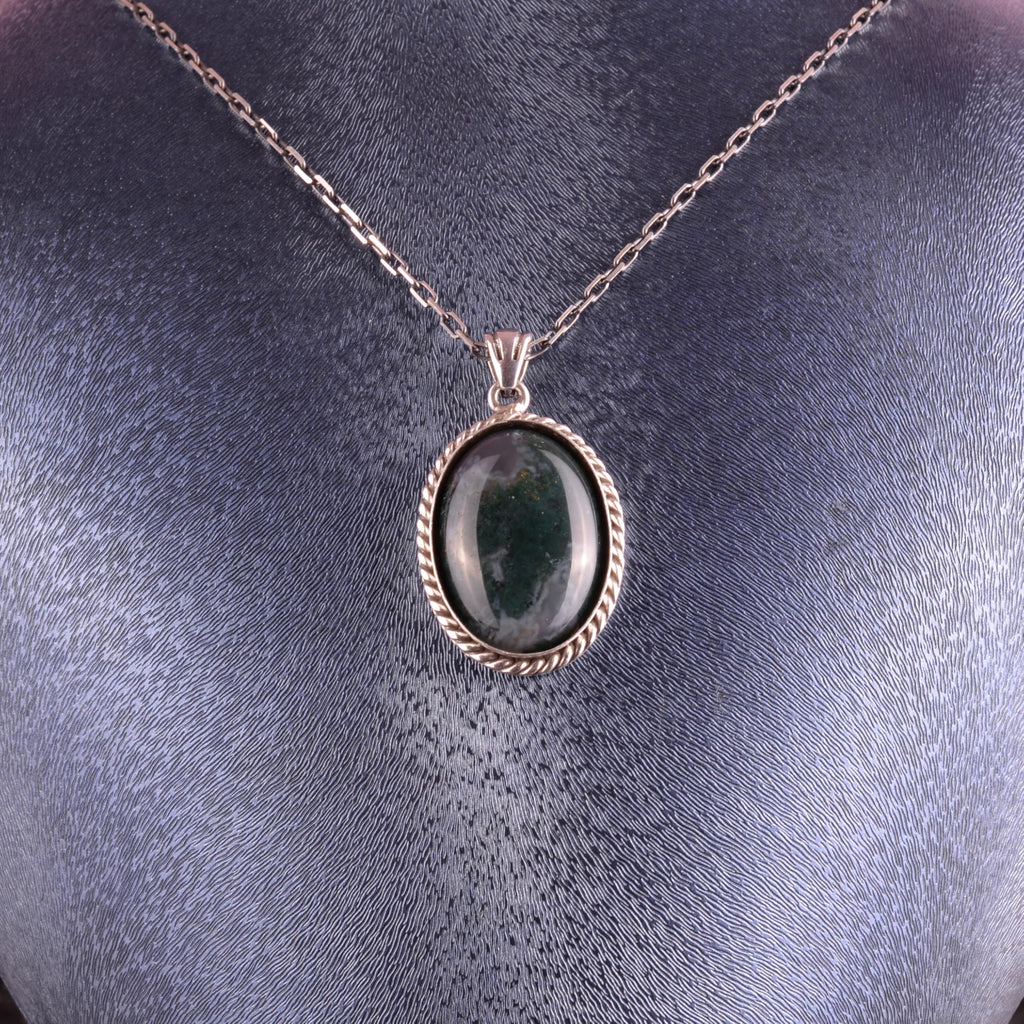 KAMBO Natural Stone Chain Unisex Necklace 925 Sterling Silver – Handmade Oval Description Necklace (Moss Agate) — 3