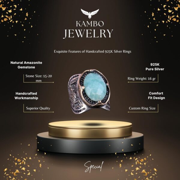 Kambo 925 Solid Sterling Silver Ring For Men Islamıc Silver 925 Sterling Silver Natural Amazonite Ring Handmade Turkey KAMBO