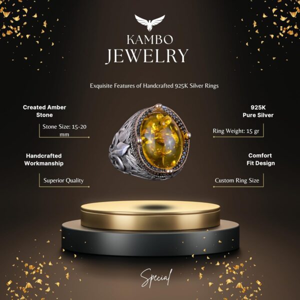 Kambo 925K Sterling Silver Rings With Premium Created Stones 925 Sterling Silver Natural Amber Ring Handmade Turkey KAMBO - V