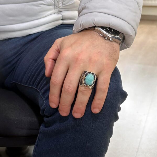 Kambo 925 Solid Sterling Silver Ring For Men Islamıc Silver 925 Sterling Silver Natural Amazonite Ring Handmade Turkey KAMBO