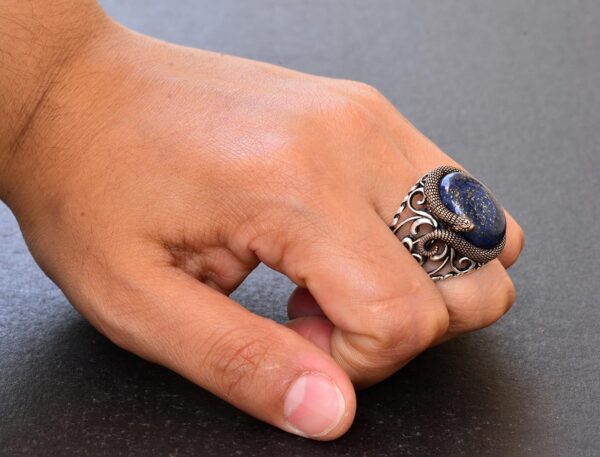 Falcon Jewelry Natural Lapis Lazuli Gemstone Snake Ring Hand 925 Sterling Silver Ring Handmade Turkey KAMBO - View 7