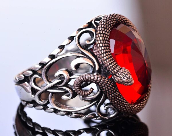 Falcon Jewelry Sophisticated Snake Embellished 925K Sterling 925 Sterling Silver Natural Garnet Ring Handmade Turkey KAMBO -