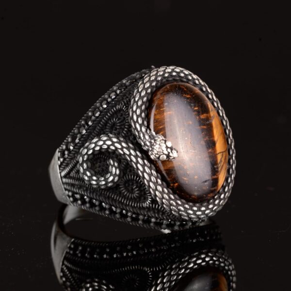 Falcon Jewelry Real Natural Tiger Eye Gemstone Ring Snake Si 925 Sterling Silver Ring Handmade Turkey KAMBO - View 4