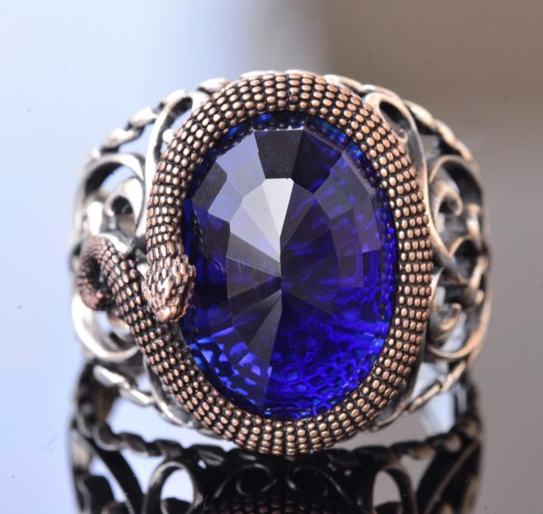 Falcon Jewelry Sophisticated Snake Embellished 925K Sterling 925 Sterling Silver Natural Sapphire Ring Handmade Turkey KAMBO