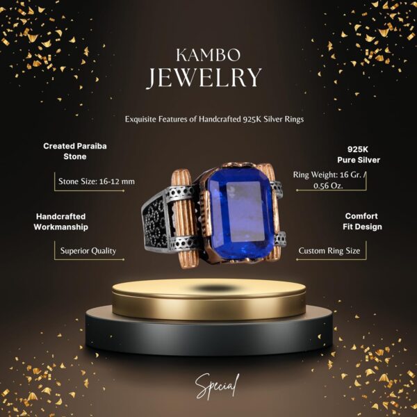 Kambo Created Navy Blue Paraiba Stone Ring 925 Sterling Silv 925 Sterling Silver Ring Handmade Turkey KAMBO - View 2