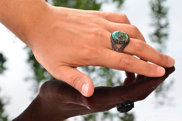 Kambo Natural Turquoise Gemstone Ring Intricate Men s Ring 9 925 Sterling Silver Natural Turquoise Ring Handmade Turkey KAMBO