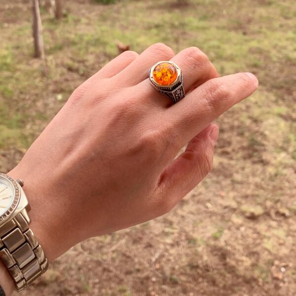 925 Sterling Silver Men s Ring With Amber Created Stone Mini 925 Sterling Silver Natural Amber Ring Handmade Turkey KAMBO - V