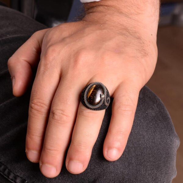 Falcon Jewelry Real Natural Tiger Eye Gemstone Ring Snake Si 925 Sterling Silver Ring Handmade Turkey KAMBO - View 2