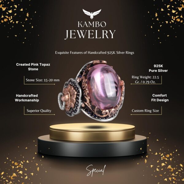 Kambo Pink Topaz Created Stone Ring 925K Sterling Silver Lio 925 Sterling Silver Natural Topaz Ring Handmade Turkey KAMBO - V
