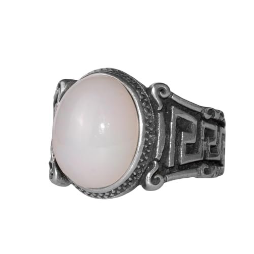 KAMBO Doğal Opal Erkek Yüzük 925 Ayar Gümüş Yunan Anahtar Desen Mühür Yüzük Oval Beyaz Taş Vintage Stil - 2