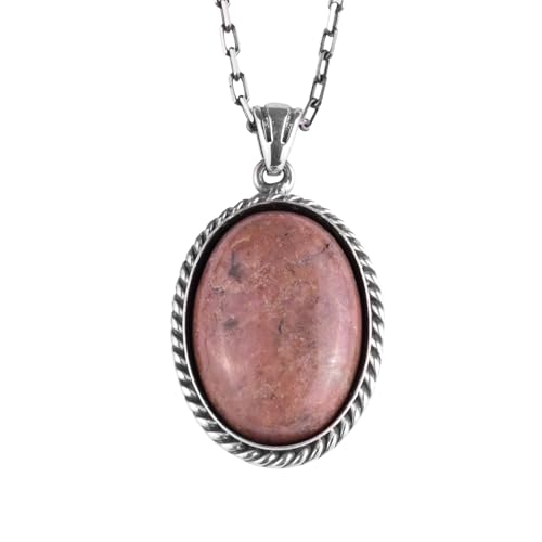 KAMBO Doğal Taşlı Zincirli Unisex Kolye 925 Ayar Gümüş – El Yapımı Oval Açıklama Kolye (Rhodonite) - 2