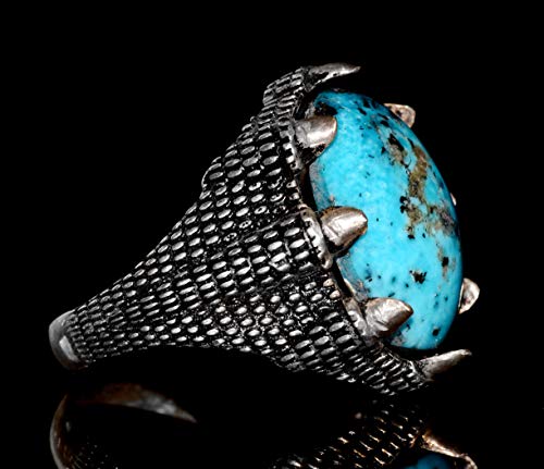 Gümüş Erkek Yüzük - Arizona Turkuaz Doğal Taş - Hawk Claw Tasarım (Model-1)