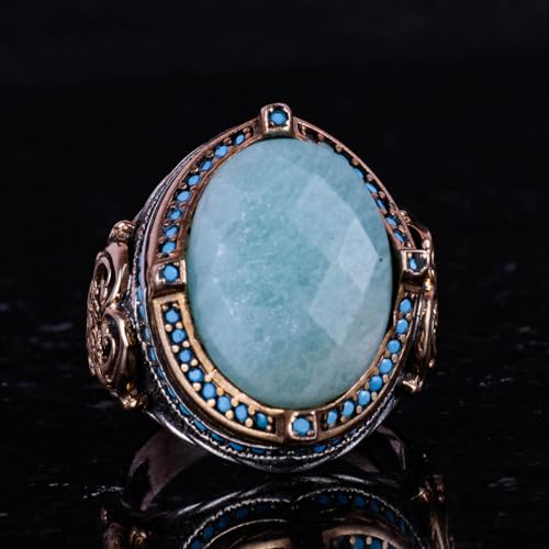 925 Ayar Gümüş Yüzük, Doğal Amazonit Taşlı Erkek Yüzük, El İşi Vintage Tasarım