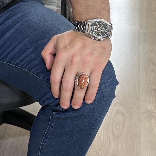 Artificial Taş Yüzük, 925 Ayar Gümüş Erkek Yüzük, Big Yüzük (Kahverengi Sunstone Artificial Taş)