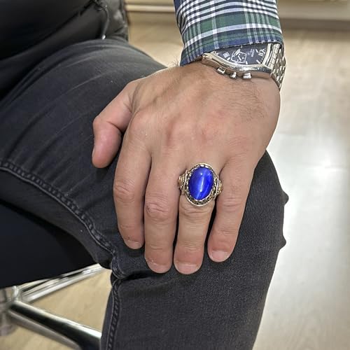 Mavi Cat Eye Taş Yüzük, Aslan Symbol Erkek Yüzük, 925 Ayar Gümüş Tasarım Erkek Yüzük