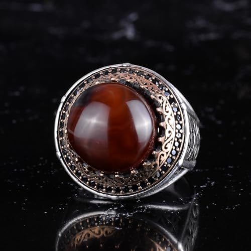 KAMBO Taşlı 925 Ayar Gümüş Erkek Yuvarlak Yüzük Bronz Detaylı Bildirim Yüzüğü Vintage Osmanlı Tarzı El Yapımı Gümüş Erke