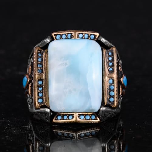 Doğal Larimar Taşlı El İşi Yüzük - 925 Ayar Gümüş (Model-2)