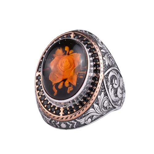 Doğal Taşlı Erkek Büyük Yüzük – Oval Taşlı Vintage Bizans İşlemeli Bildiri Yüzüğü-Antik Telkari 925 Ayar Gümüş Takı (Korunmuş Gül Motifli Kehribar) - 2