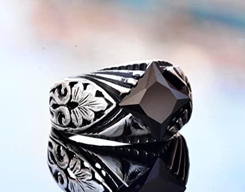 El İşçiliği 925 Ayar Gümüş Erkek Yüzük ile Doğal Obsidyen Taş, Intricate Floral Tasarım, Perfect için Scorpio, Eşsiz Aly