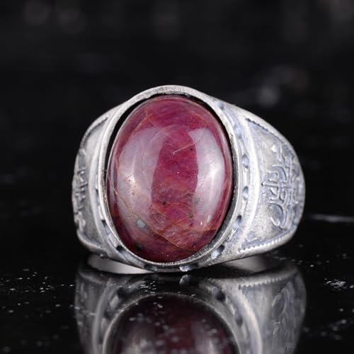 KAMBO Doğal Yakut Taş Erkek Yüzük 925 Ayar Gümüş - Oyulmuş Vintage Tasarım El Yapımı Takı ile Oval Yakut Bildirimi Yüzük