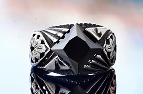 El İşçiliği 925 Ayar Gümüş Erkek Yüzük ile Doğal Obsidyen Taş, Intricate Floral Tasarım, Perfect için Scorpio, Eşsiz Aly