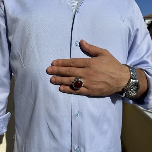 Doğal Taş El İşi Yüzük - 925 Ayar Gümüş Yüzük (Kırmızı Akik)