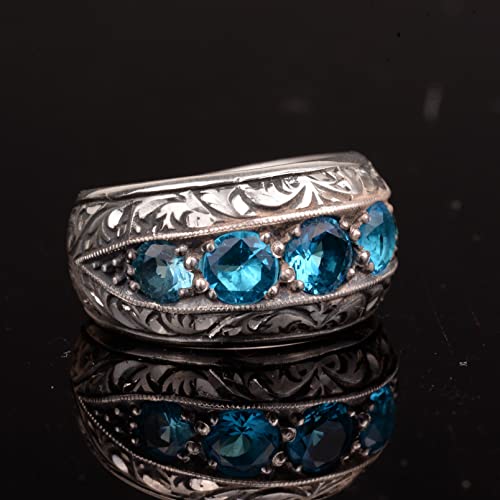 Gümüş Erkek Yüzük – Sentetik Mavi Topaz Taşlı, Kalemkâr İşçiliği