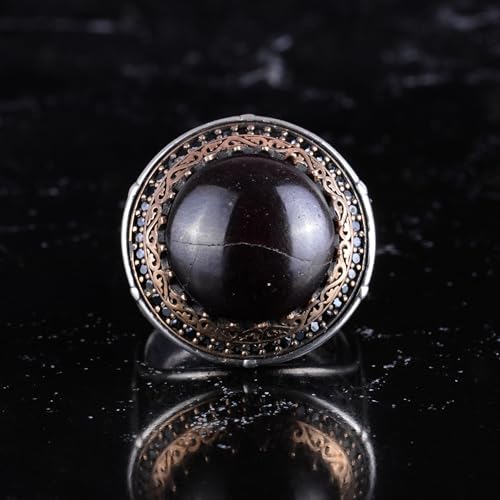 KAMBO Taşlı 925 Ayar Gümüş Erkek Yuvarlak Yüzük Bronz Detaylı Bildirim Yüzüğü Vintage Osmanlı Tarzı El Yapımı Gümüş Erke