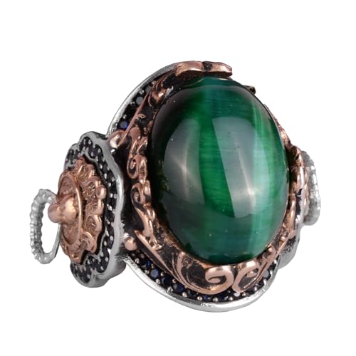 Aslan Symbol Yüzük, Yeşil Cat's Eye Taş Yüzük, 925 Ayar Gümüş Erkek Yüzük