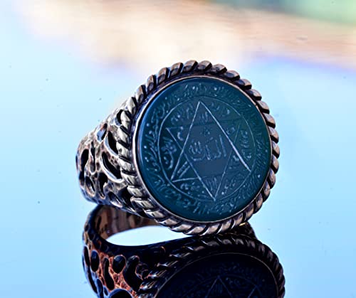 El İşi Solomon's Seal Yüzük, Doğal Yeşil Oniks Taş, İslami Erkek Yüzük, 925 Ayar G (Model-2)