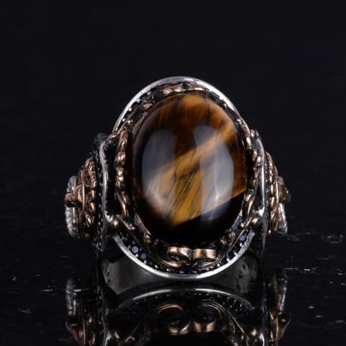El İşi Tiger Eye Taş Yüzük, Aslan Symbol Yüzük - 925K Pure Gümüş Erkek Yüzük - Brave Tasarım