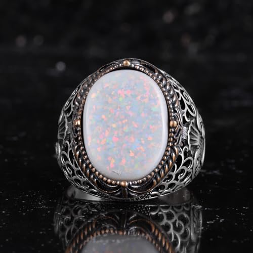 KAMBO Sertifikalı Doğal Opal Erkek Yüzük 925 Ayar Gümüş – Osmanlı Esintili Çiçek Desenli Vintage Telkari Bildiri Yüzüğü