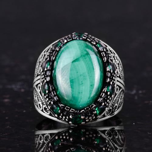 Doğal Malakit Taş Yüzük - 925 Ayar Gümüş El İşi Erkek Takı