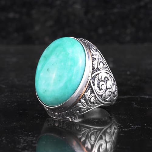 KAMBO Doğal Amazonit Taşlı Erkekler için Büyük Yüzük - Oval Mavi Yeşil Taş Vintage Kazınmış Bildiri Yüzüğü - 925 Ayar Gü