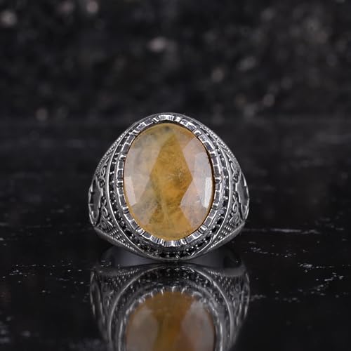 Doğal Safir Taşlı Erkek Yüzük 925 Ayar Gümüş Dişli Çerçeve Siyah Taş Halo El Yapımı Bildiri Yüzüğü (Sarı Safir)