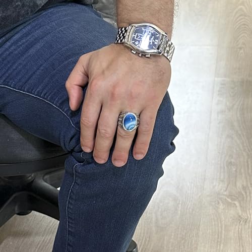 Doğal Mavi Fire Amber Taş Yüzük, 925 Ayar Gümüş Yüzük