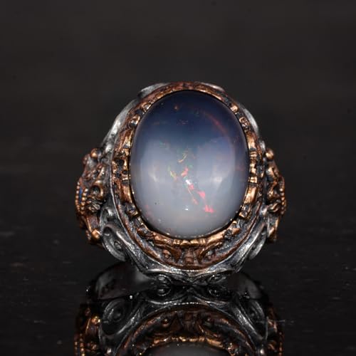 925 Ayar Gümüş Erkek Yüzük - Gerçek Oval Opal Taşlı - Desenli