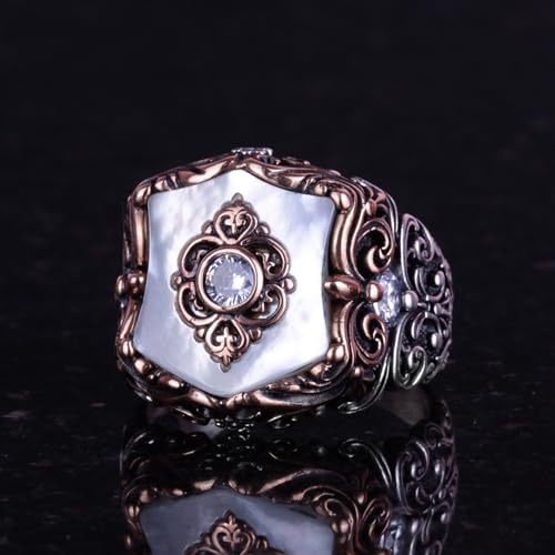 Doğal İnci Taş Yüzük, El İşi Vintage Tasarım, 925 Ayar Gümüş Erkek Yüzük