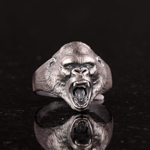 925 Ayar Gümüş Yüzük - 925 Ayar Gümüş Angry Gorilla Head Yüzük - El İşi Animal Stamp Yüzük için men