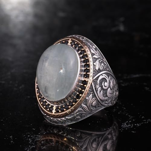 Erkekler için Doğal Taşlı Büyük Yüzük – Oval Taşlı Vintage Bizans Kazınmış Bildiri Yüzüğü-Antik Telkari 925 Ayar Gümüş T